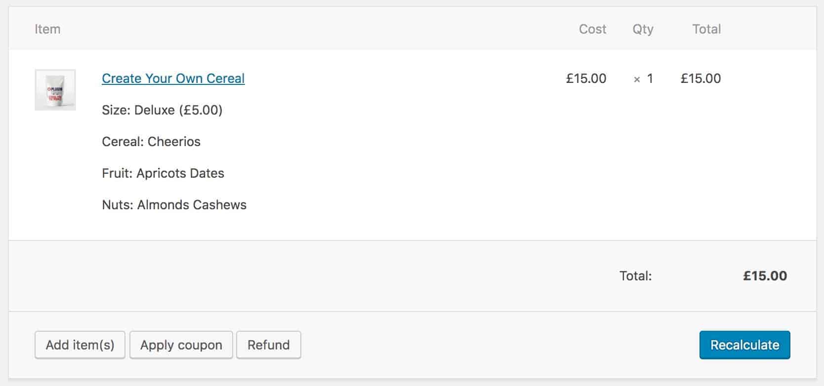 WooCommerce cereal order