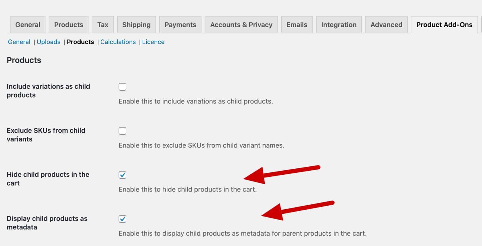 Child product metadata settings - hiding them from the card and displaying them as metadata