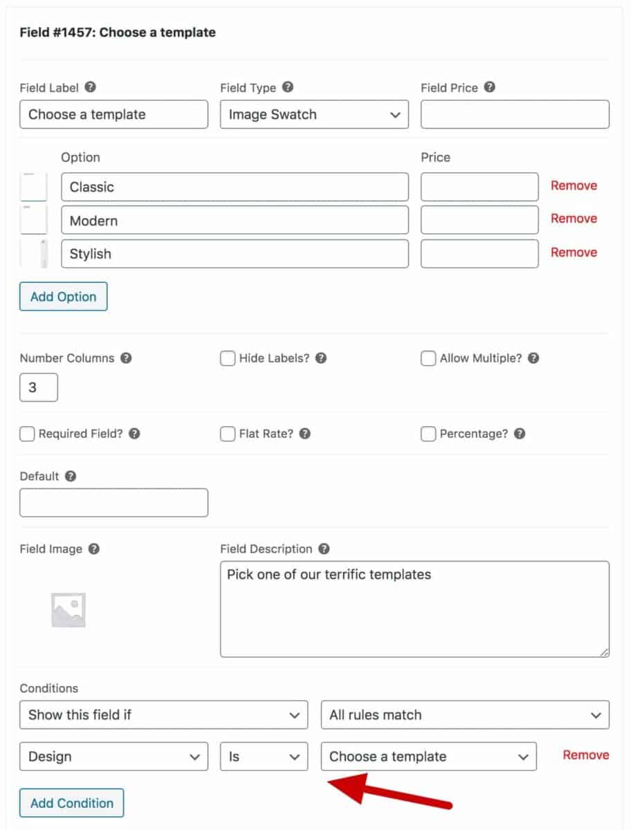 Choose a template field for WooCommerce print shop