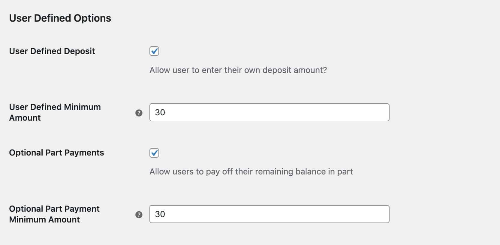 WooCommerce Deposits and Part Payments user defined options