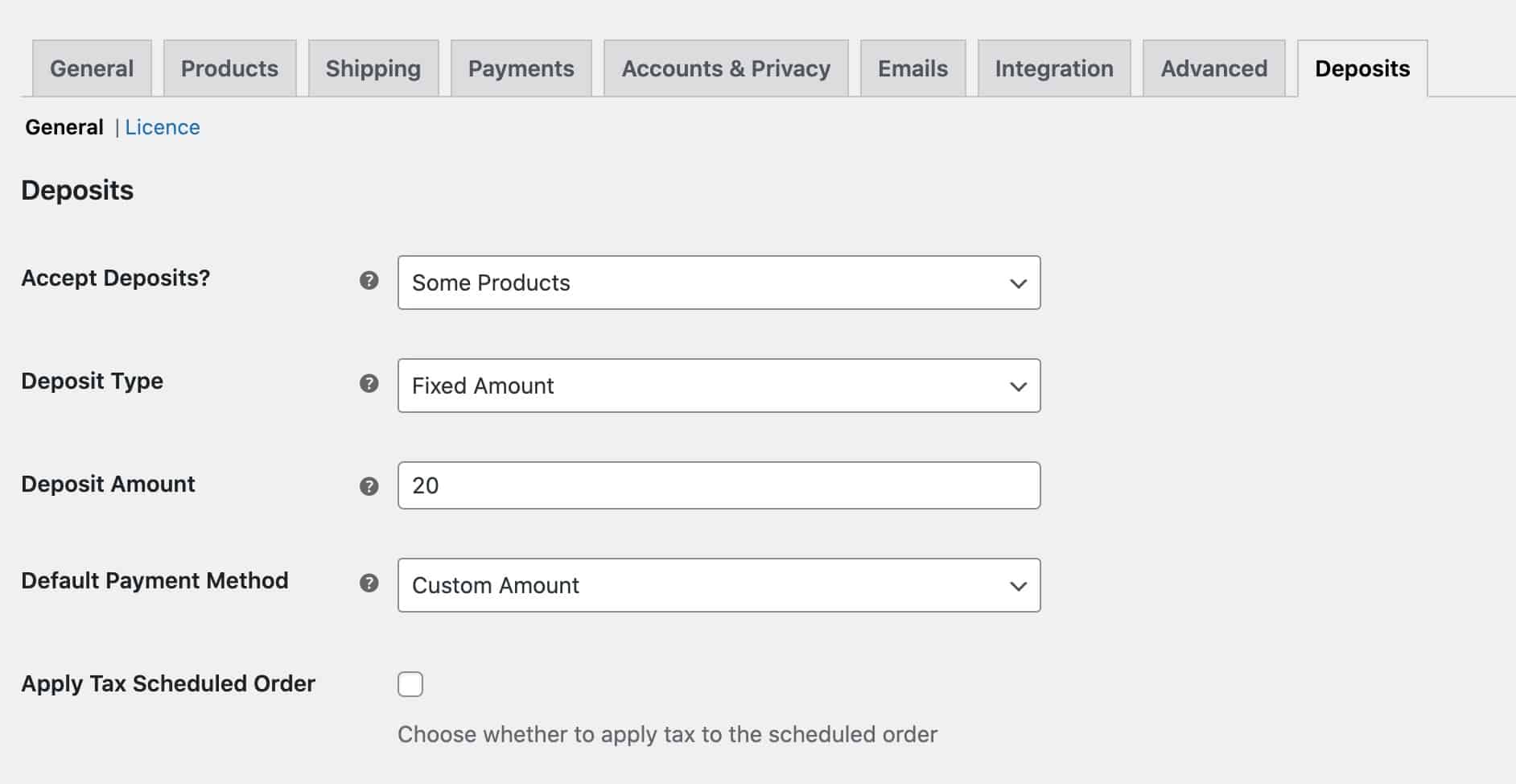 WooCommerce Deposits and Part Payments settings