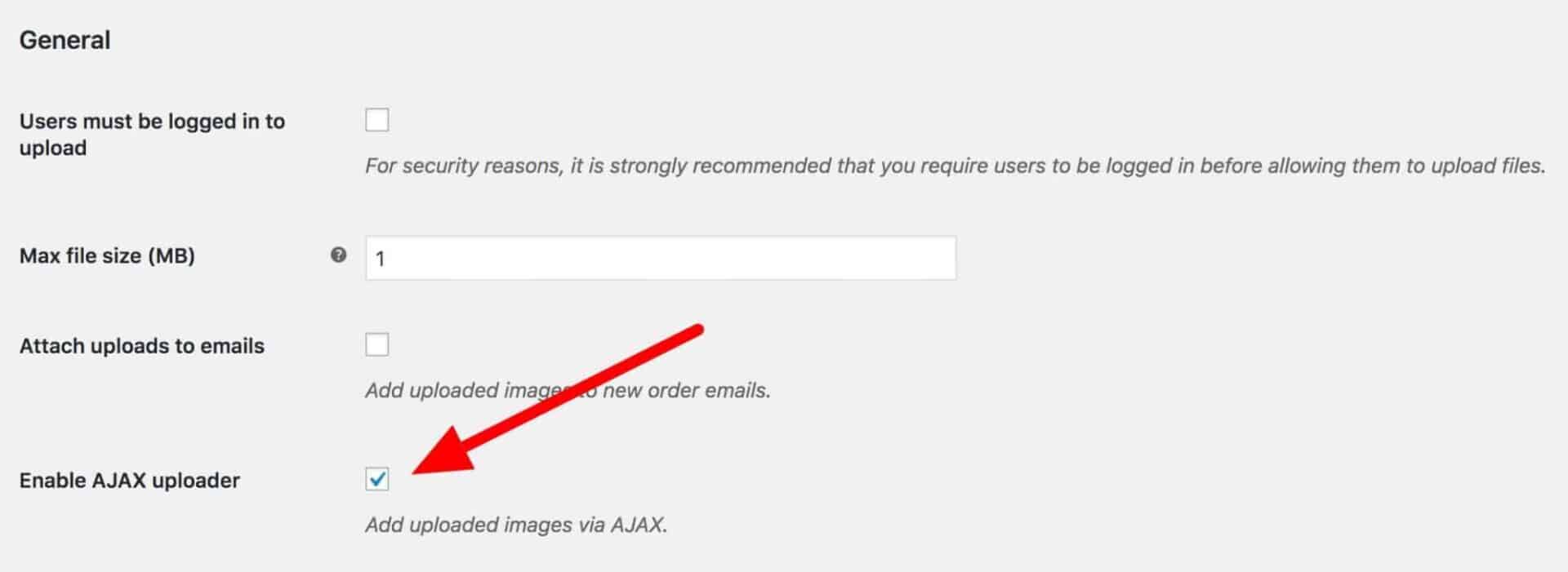 The Enable AJAX uploader checkbox.