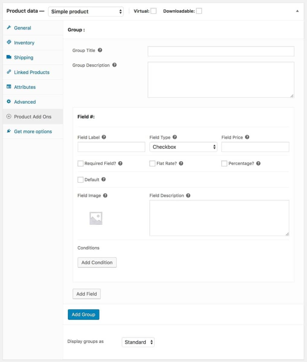 The form for creating additional fields for product pages using the WooCommerce Product Add-Ons Ultimate plugin.