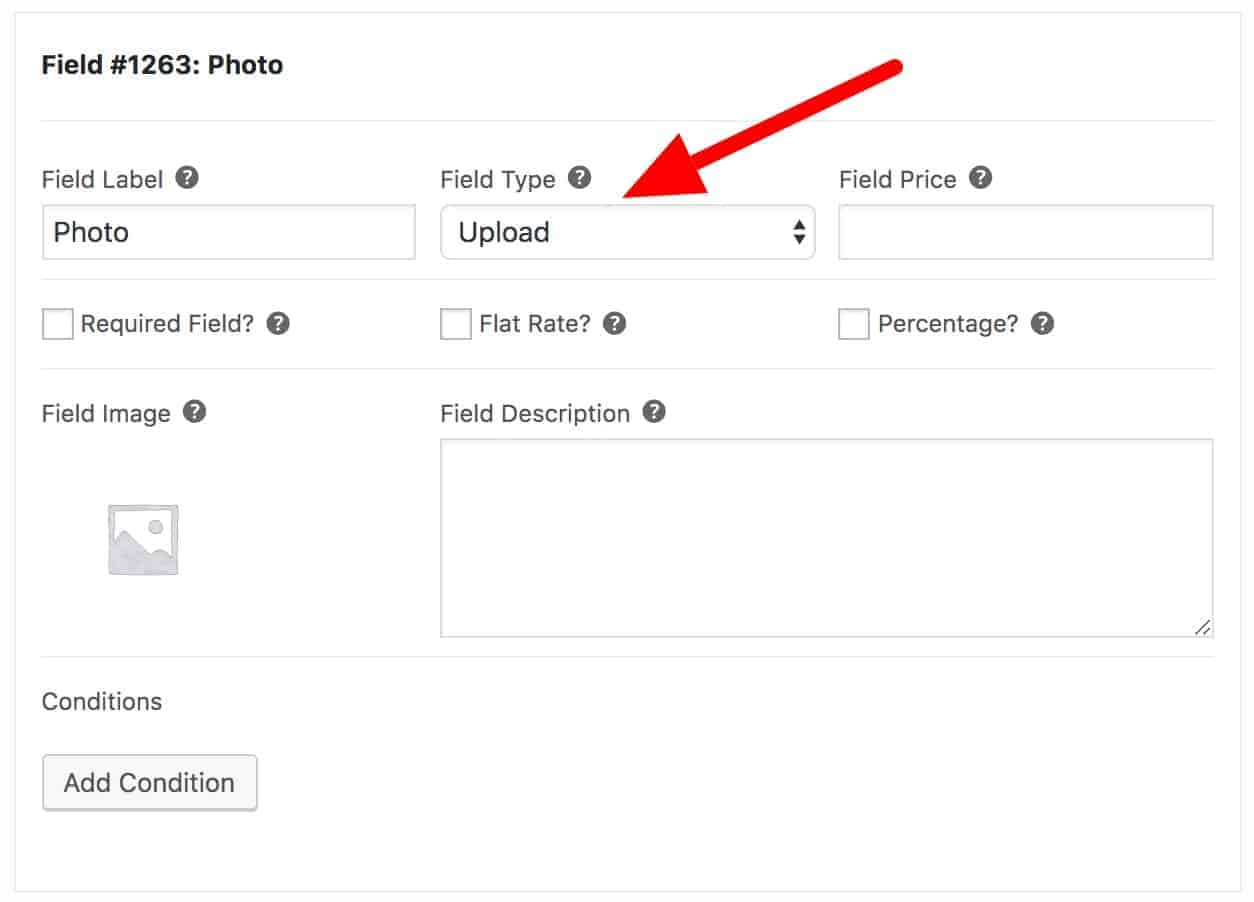 The form for uploading photos to product pages with WooCommerce conditional variations using the Add-Ons Ultimate plugin.