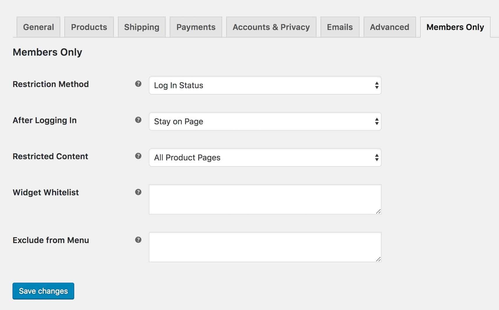 WooCommerce Members Only settings page