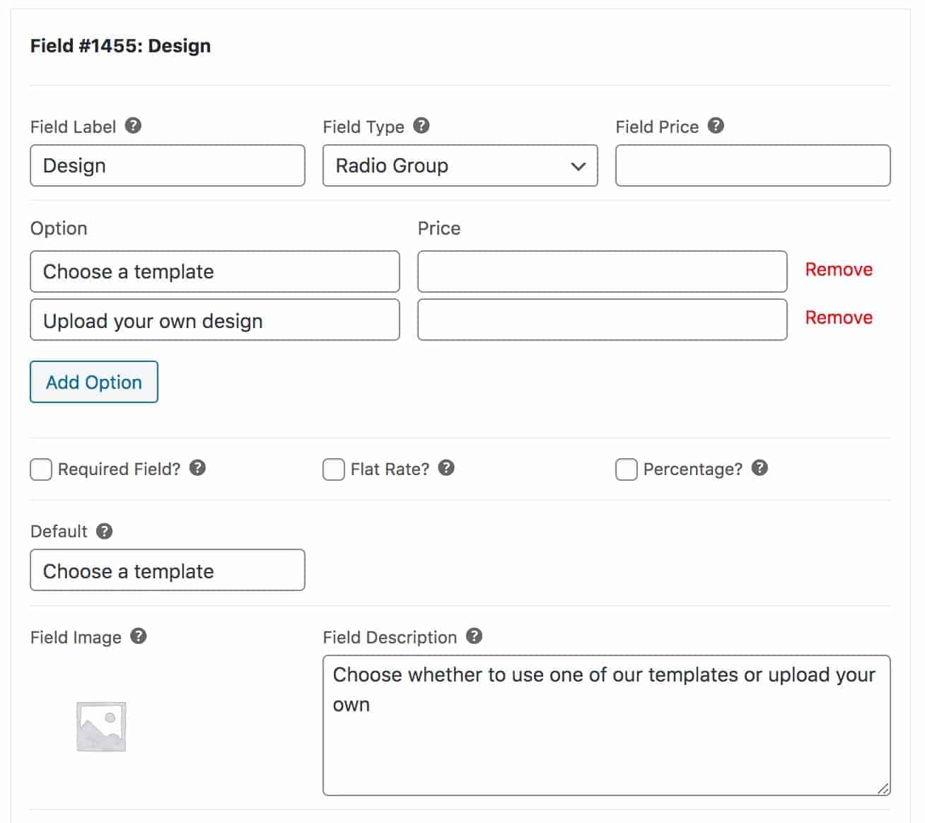 Radio group to choose design for WooCommerce print shop