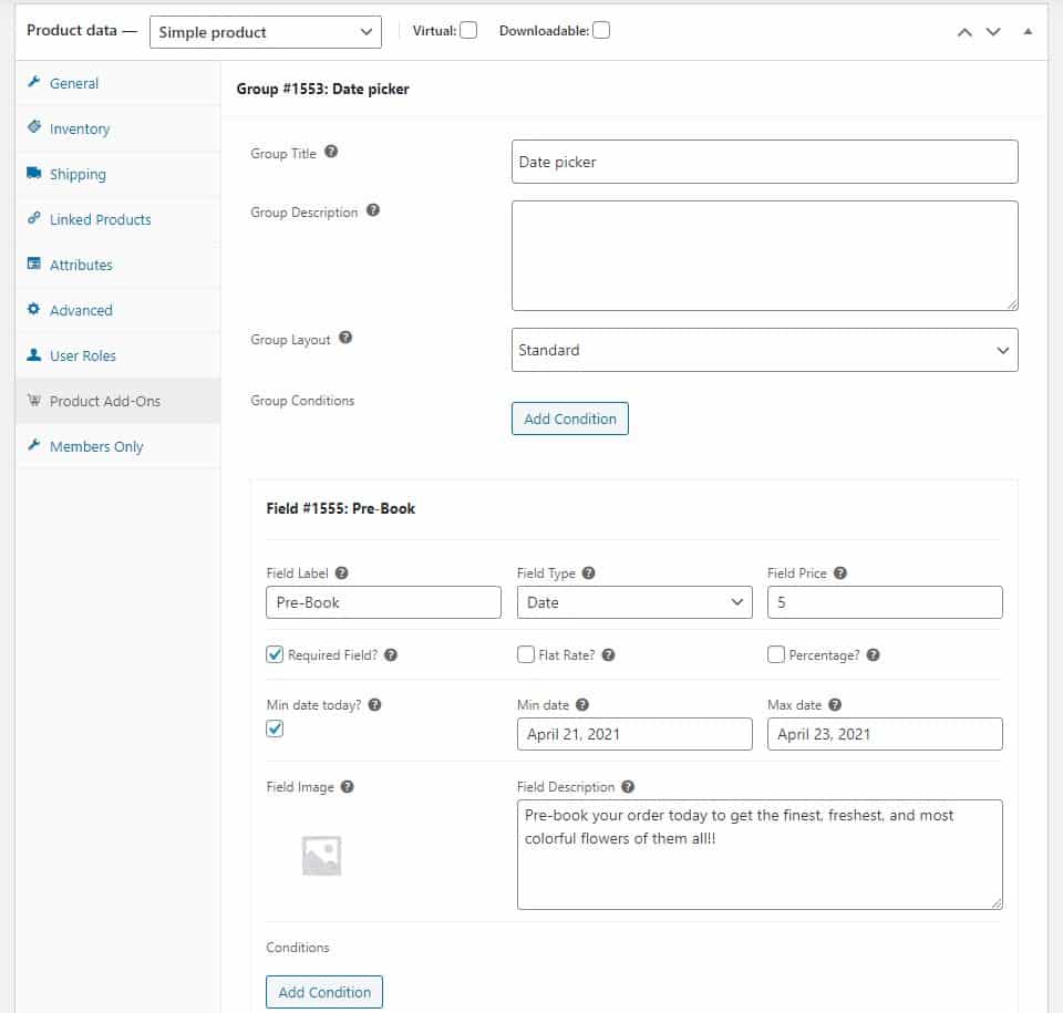 Required field checkbox date picker