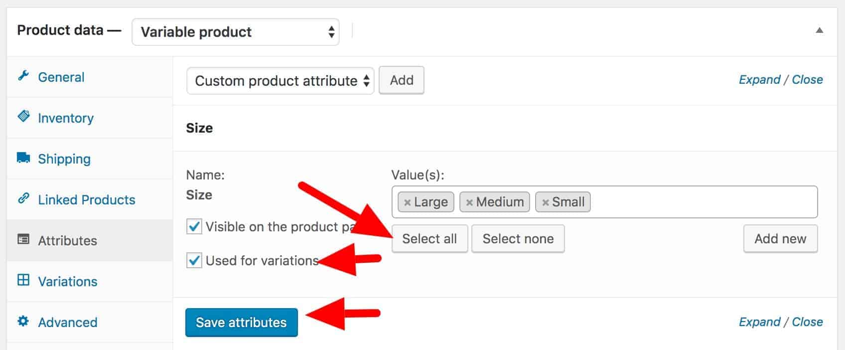 WooCommerce – defining attribute terms of variable product