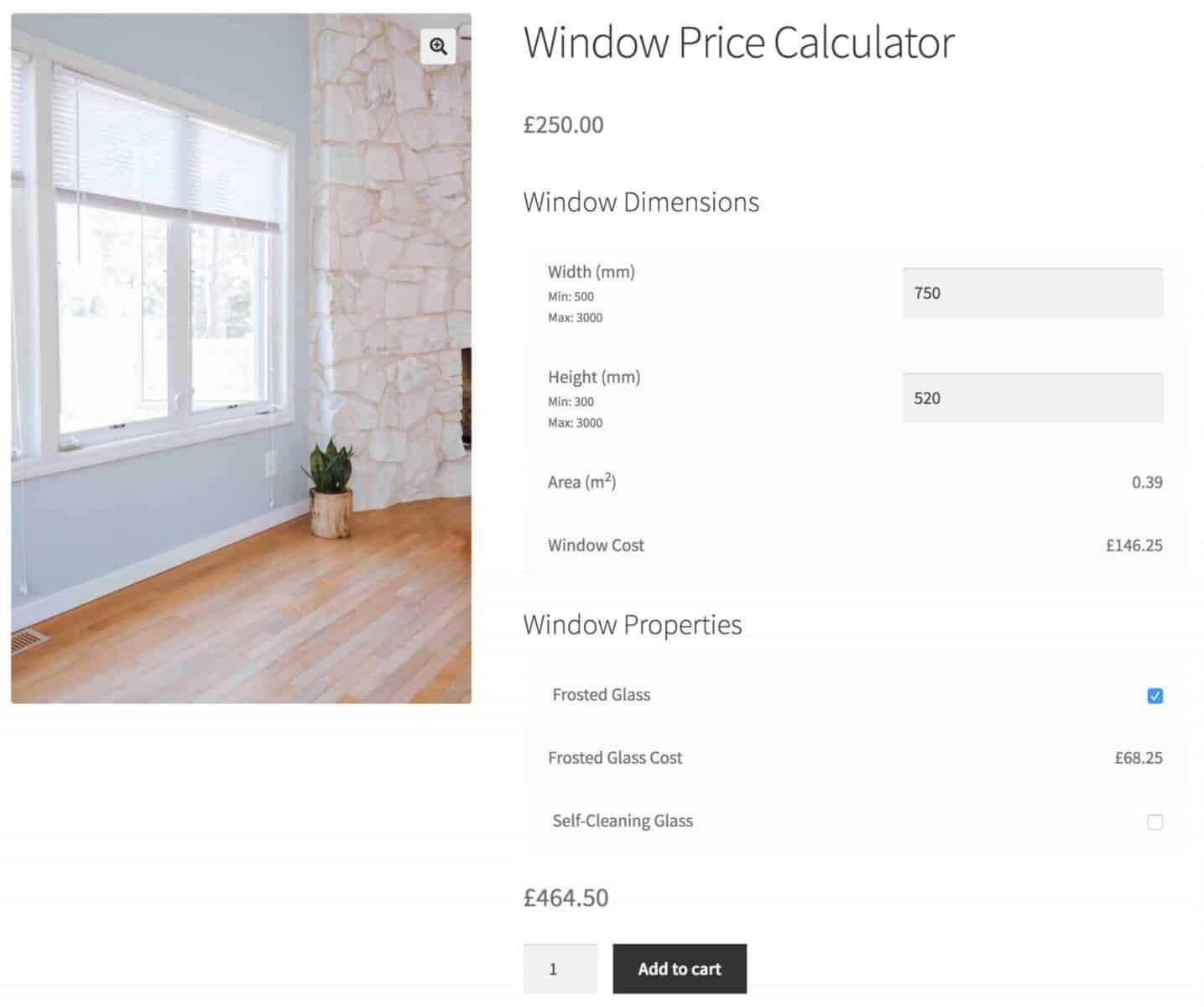 WooCommerce product price calculator for window