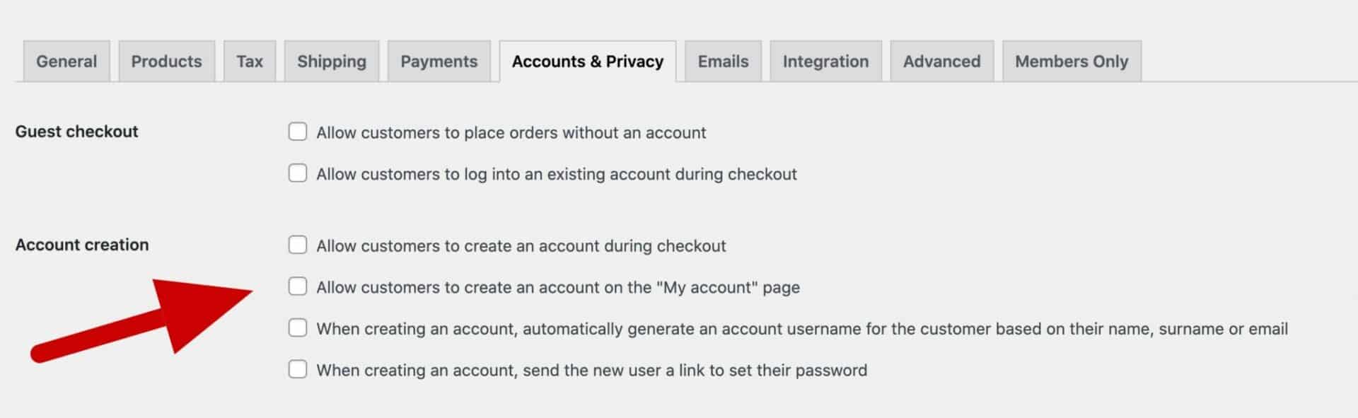 WooCommerce account creation settings