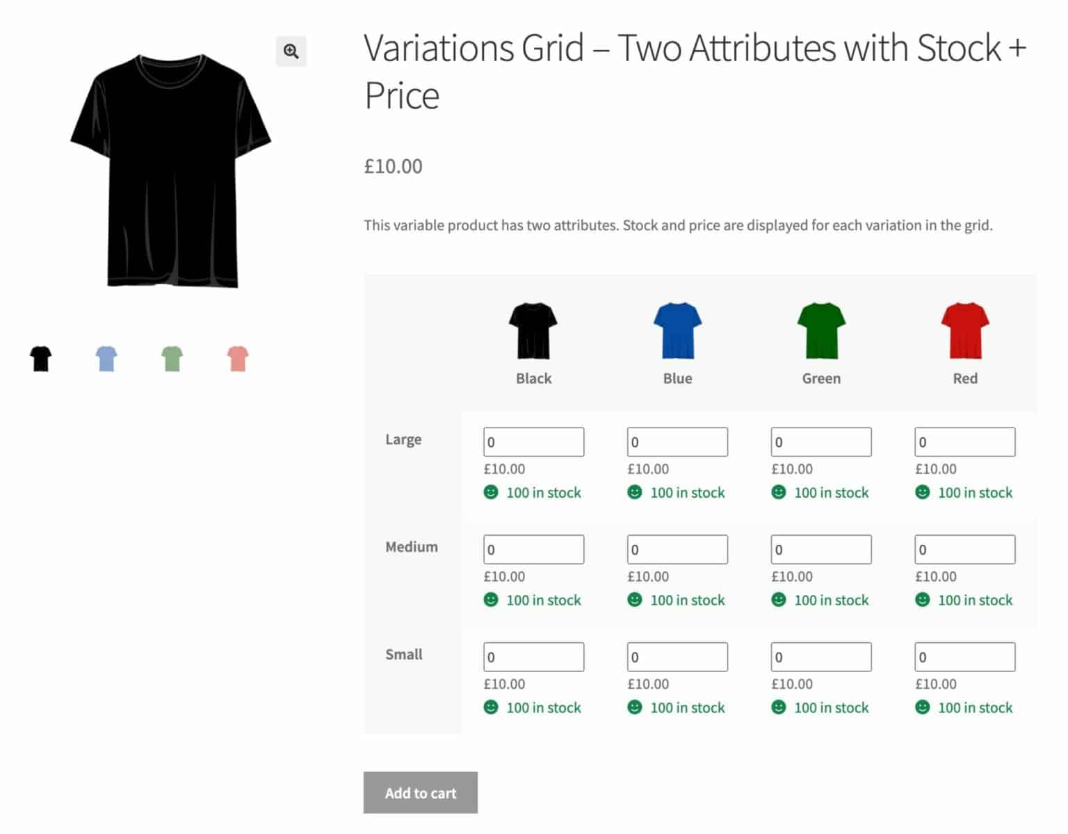 WooCommerce bulk variations form with two attributes