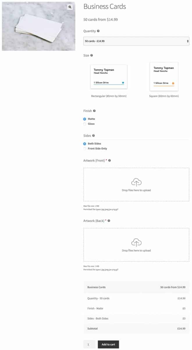 WooCommerce business cards product for print shop