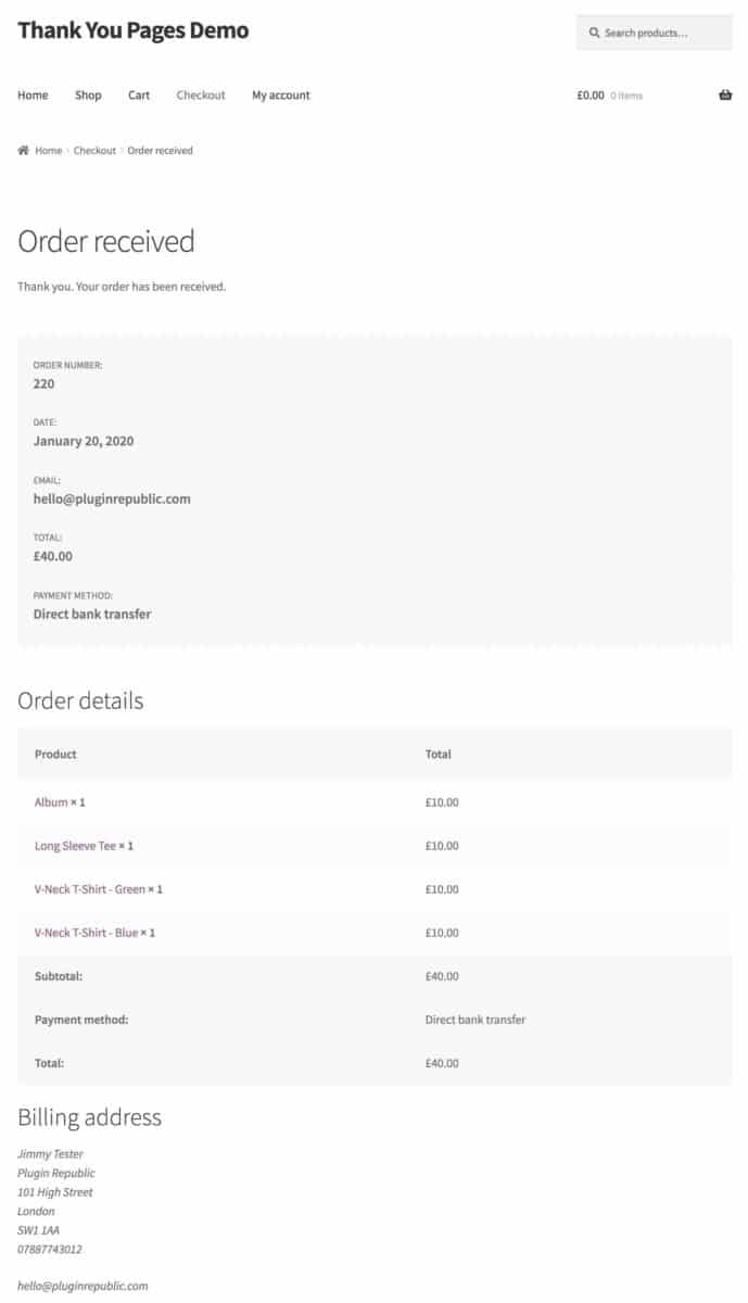 Default WooCommerce thank you page