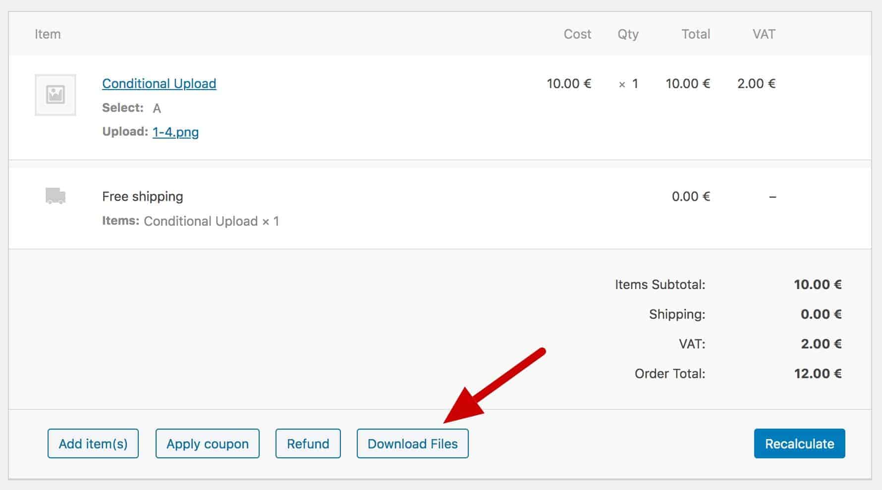 The Download Files button within the WooCommerce checkout.