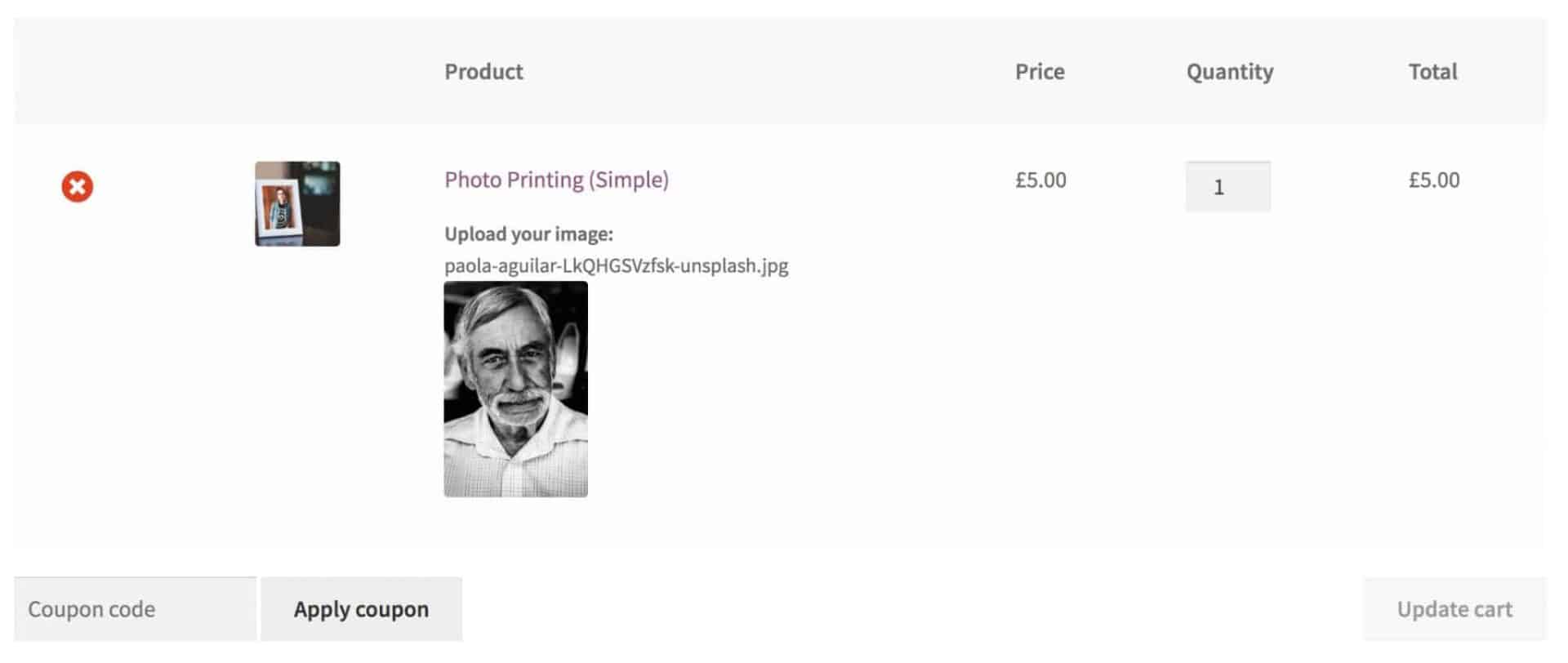 A WooCommerce cart showing an image upload, along with a thumbnail and title.