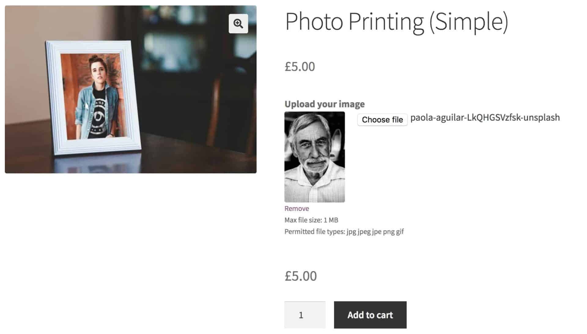 A product page showing a WooCommerce image upload's thumbnail and file name.