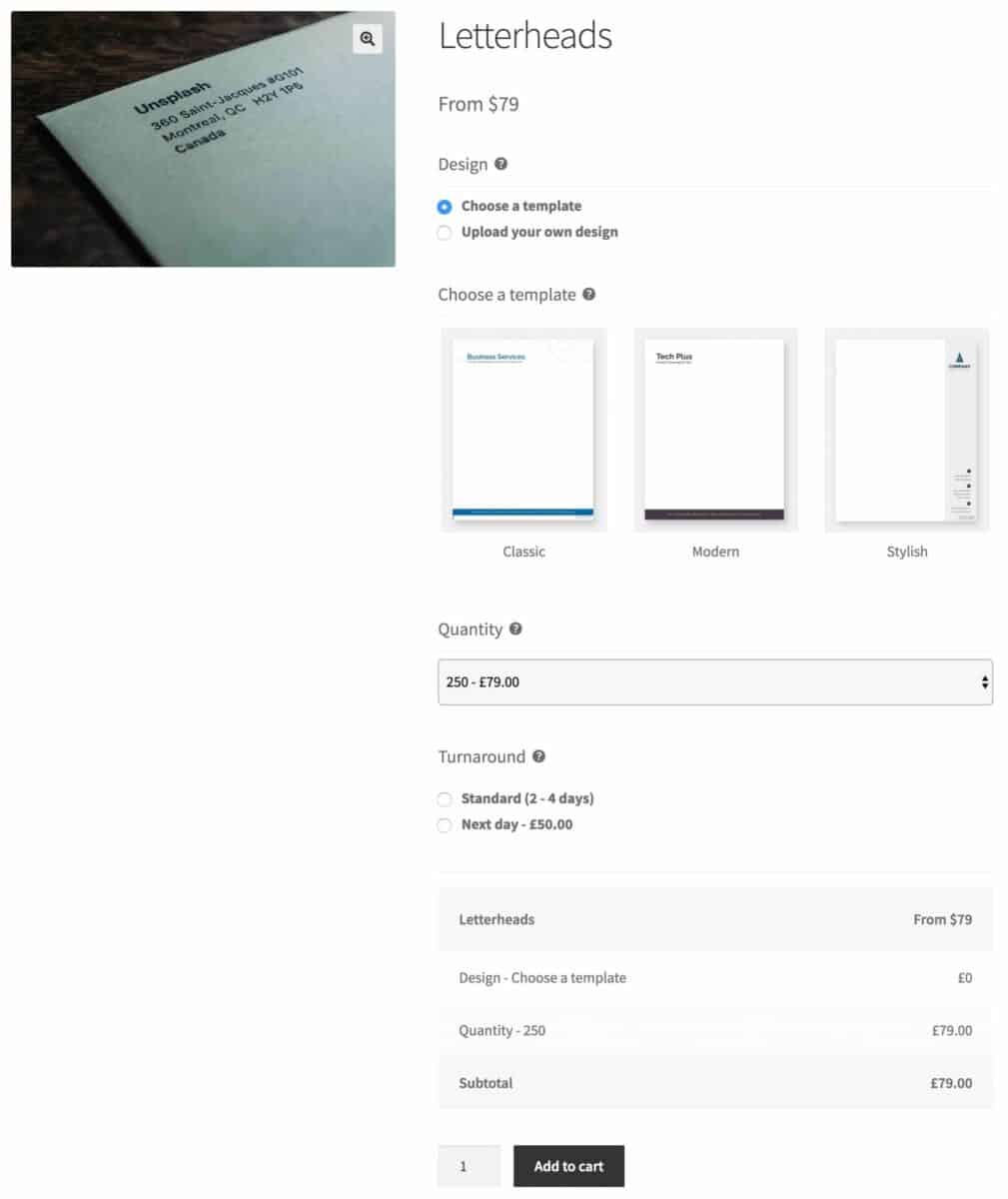 WooCommerce letterheads product for print shop