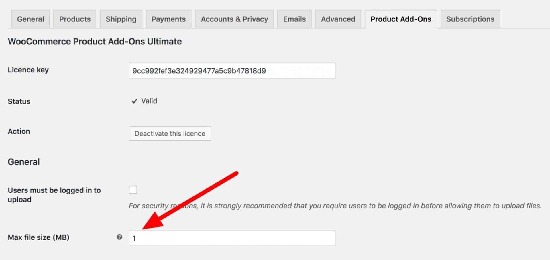 The WooCommerce Product Add-Ons screen, showing the Max file size (MB) field.