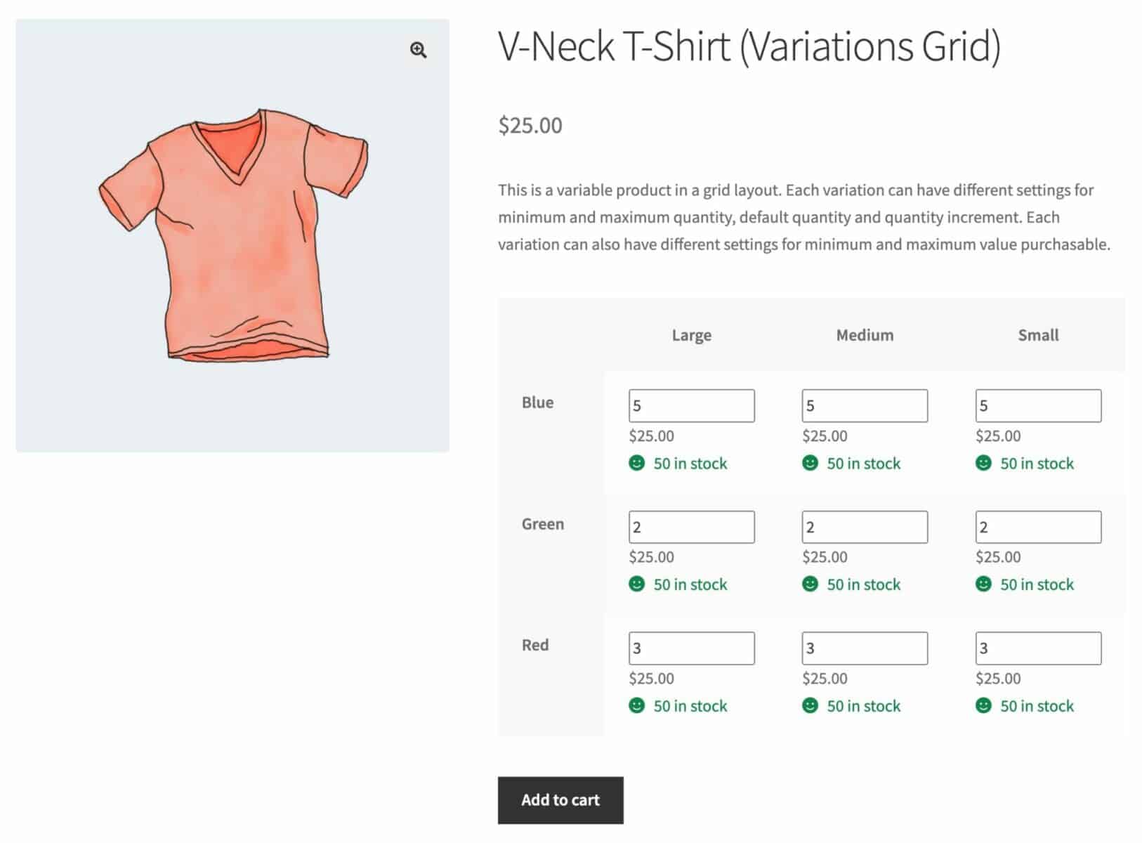 WooCommerce variations grid with min max quantities