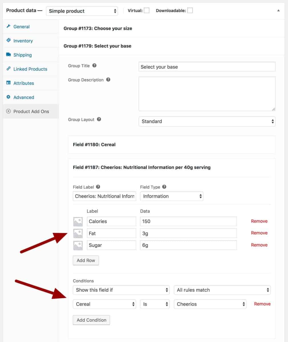 WooCommerce nutritional information field