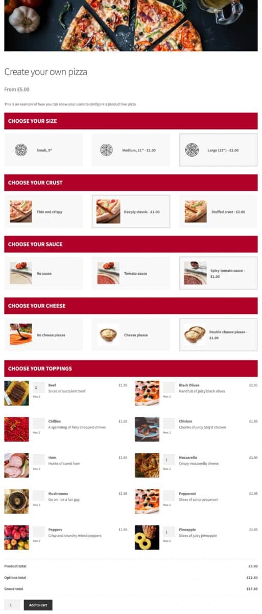 WooCommerce pizza builder product