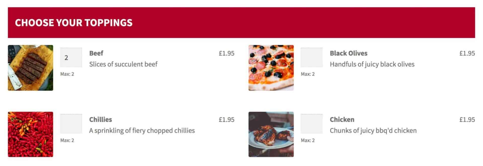 WordPress pizza builder - toppings fields