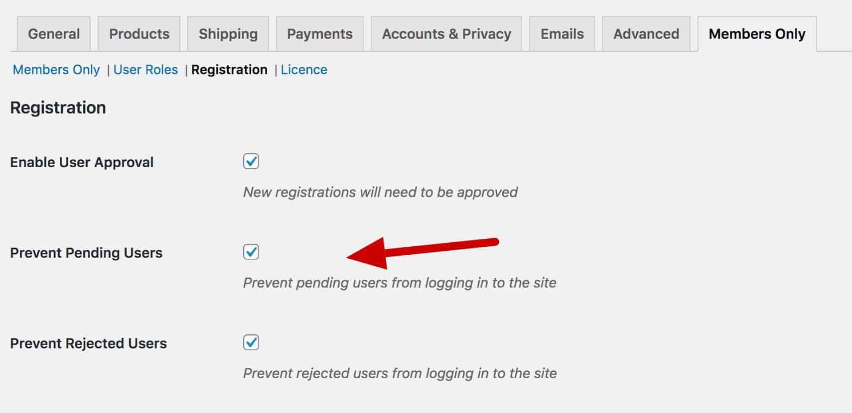 WooCommerce prevent pending users from logging in