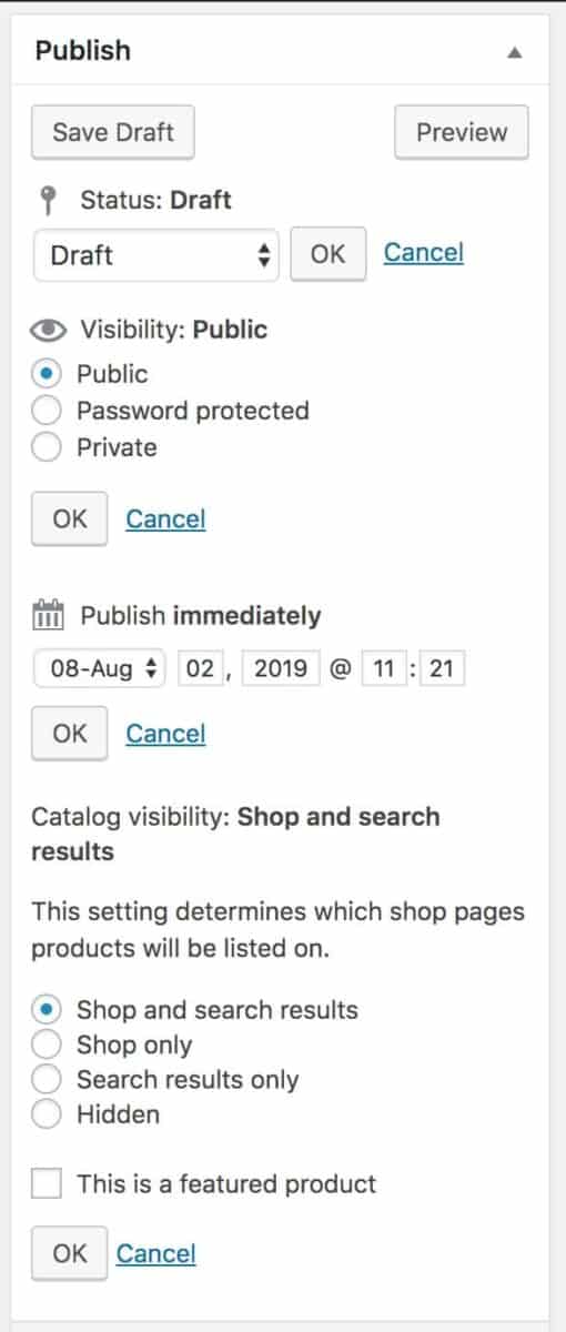 WooCommerce product publish settings