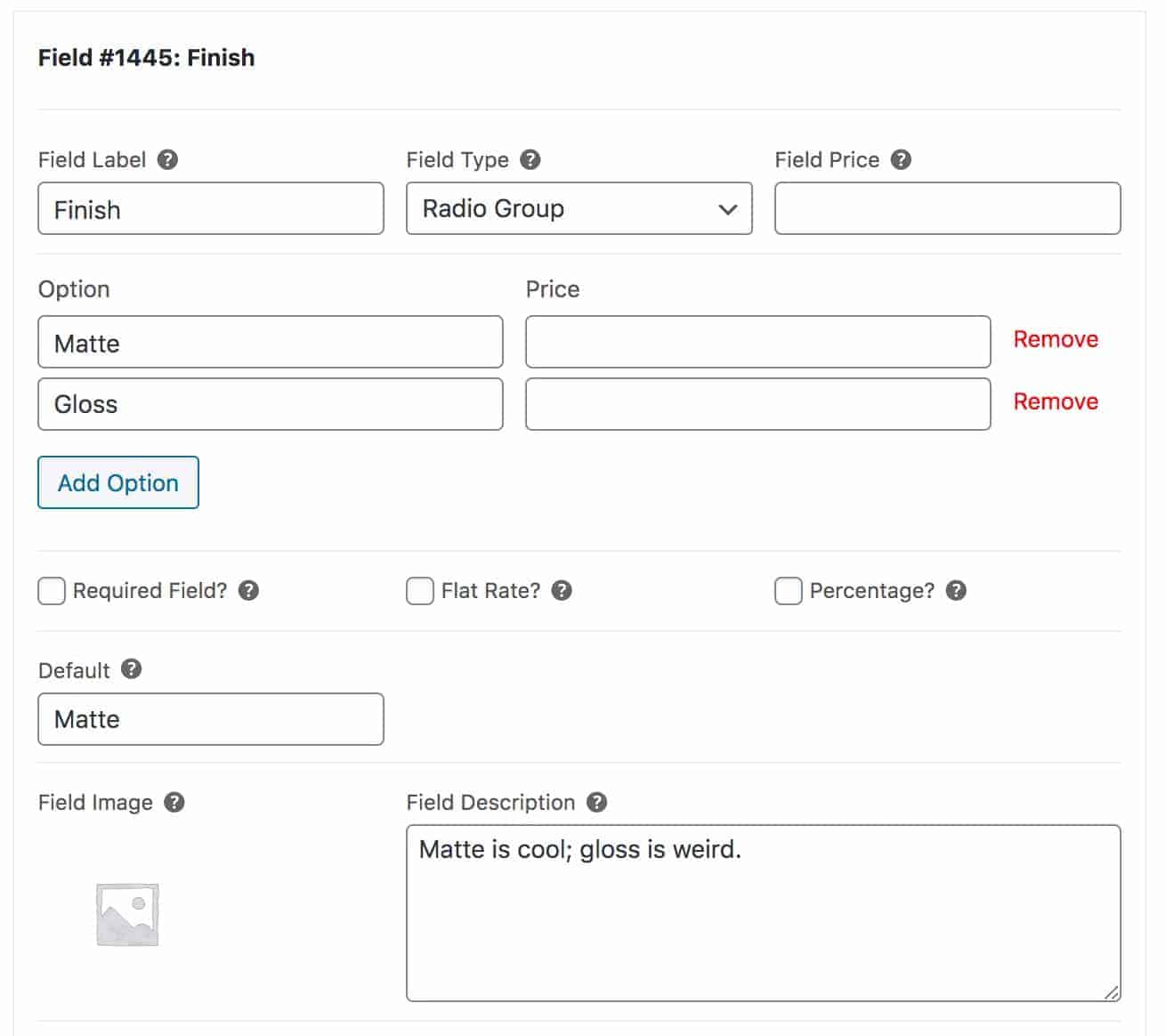 Radio group options for business card