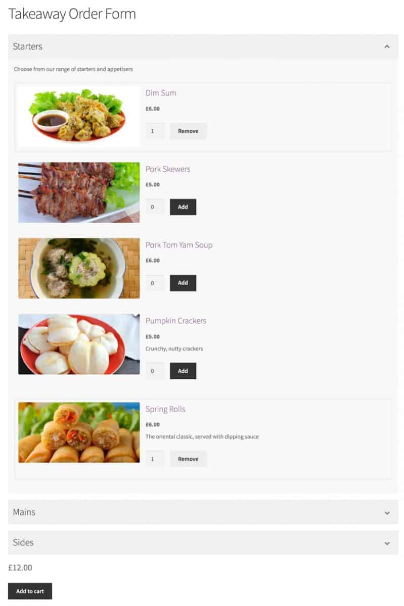 WooCommerce takeaway order form