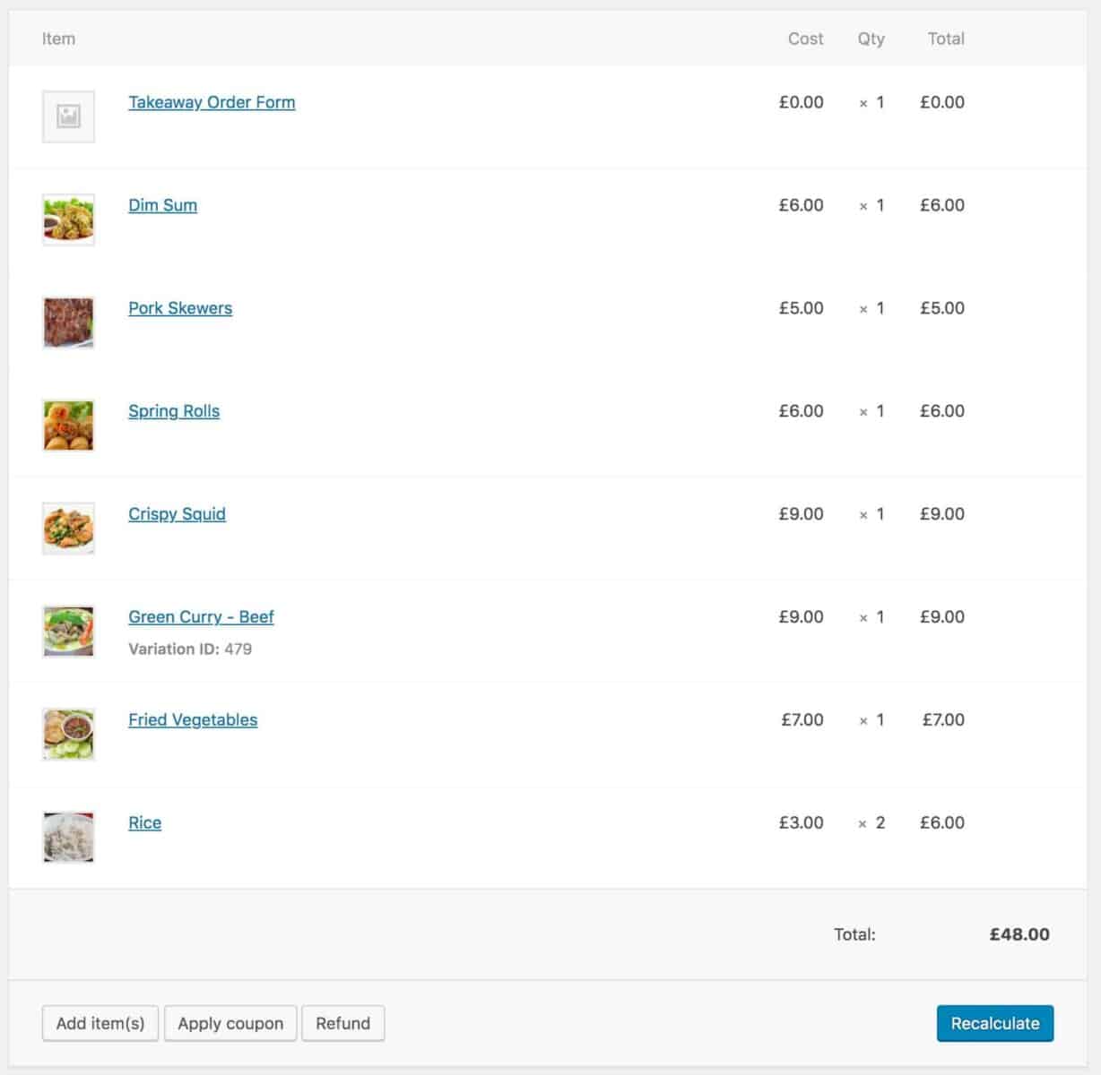 WooCommerce takeaway order form in the backend