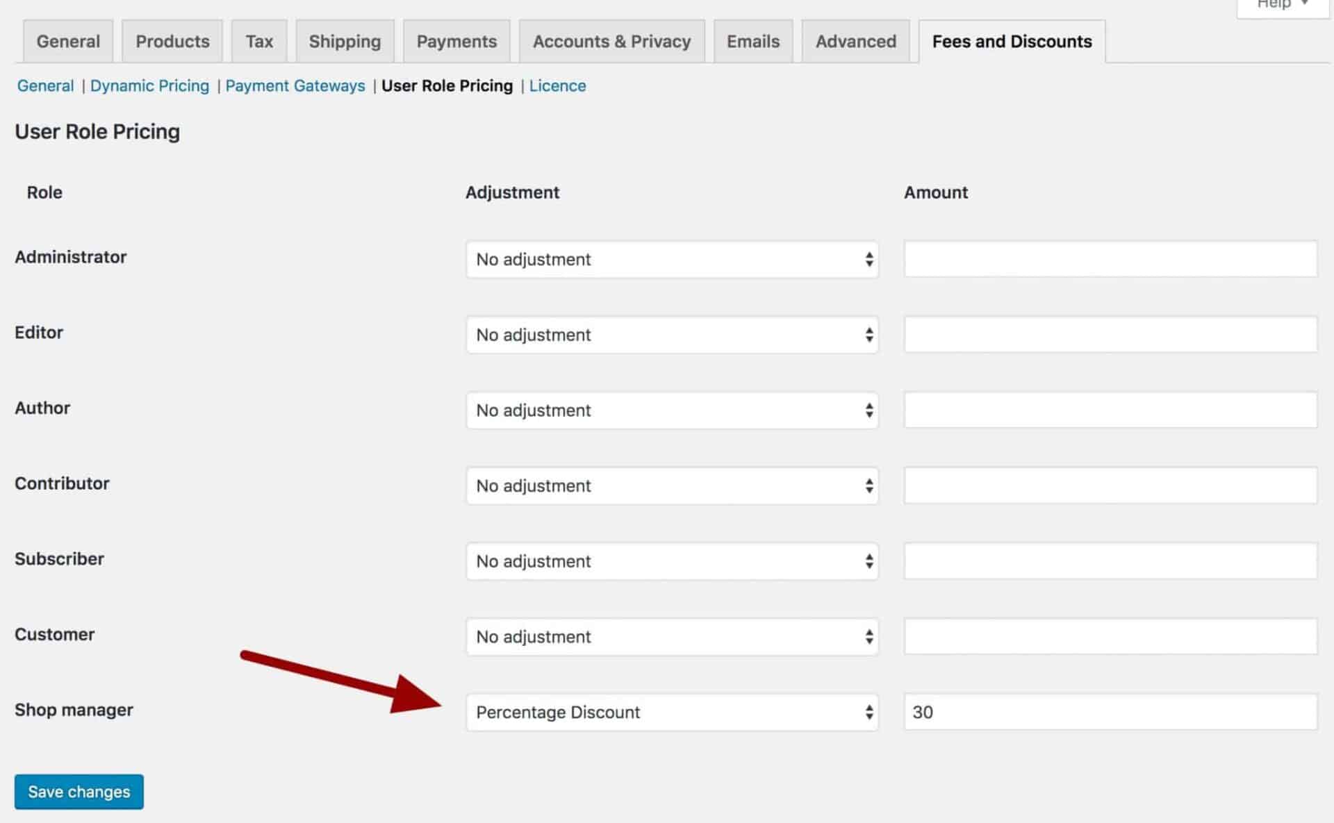 WooCommerce user role discount percentage