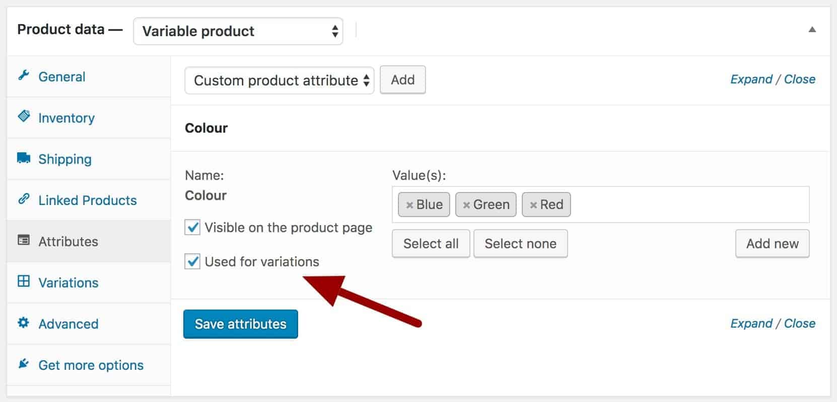 WooCommerce variable product attributes