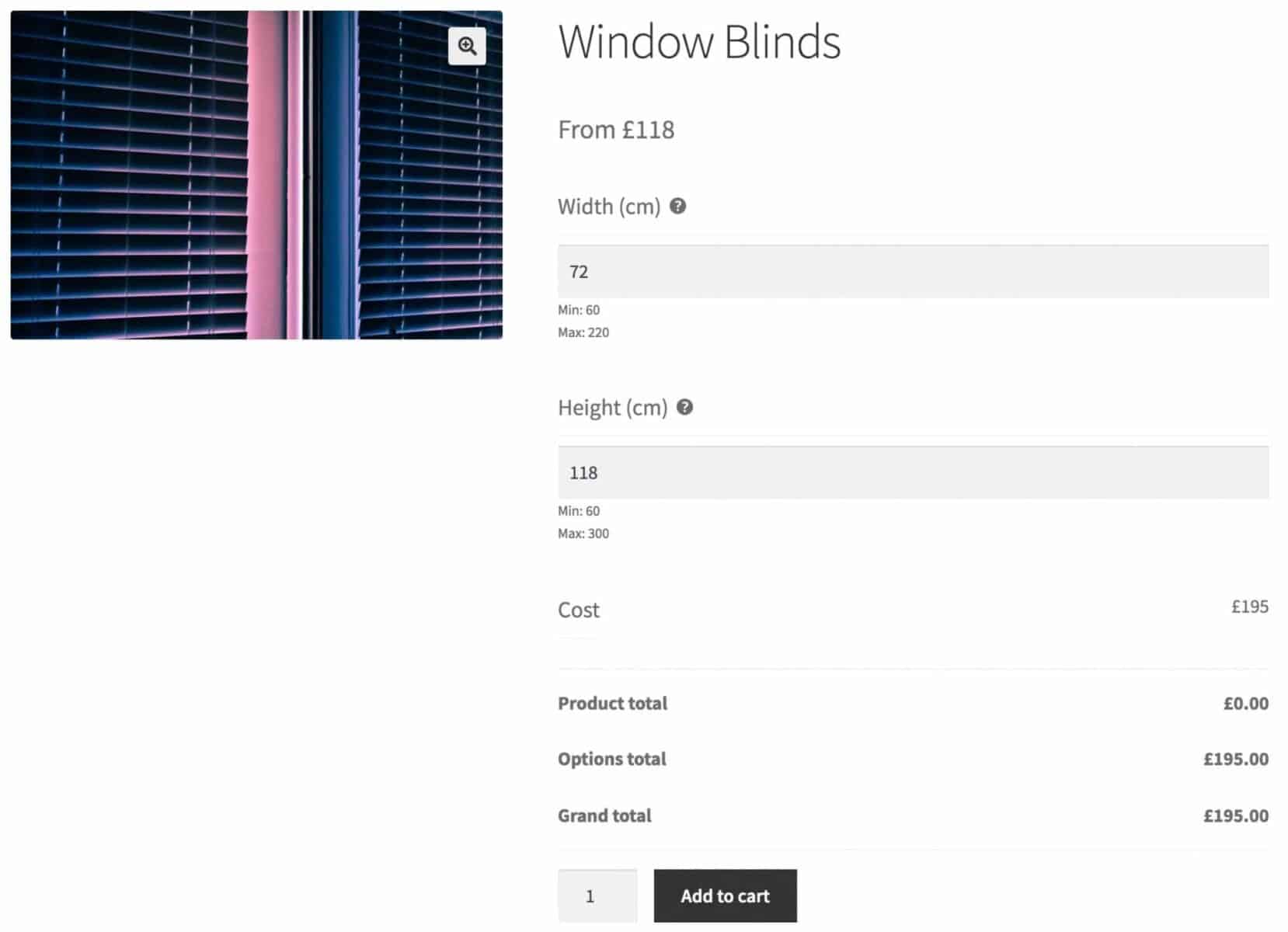 WooCommerce window blinds price calculation