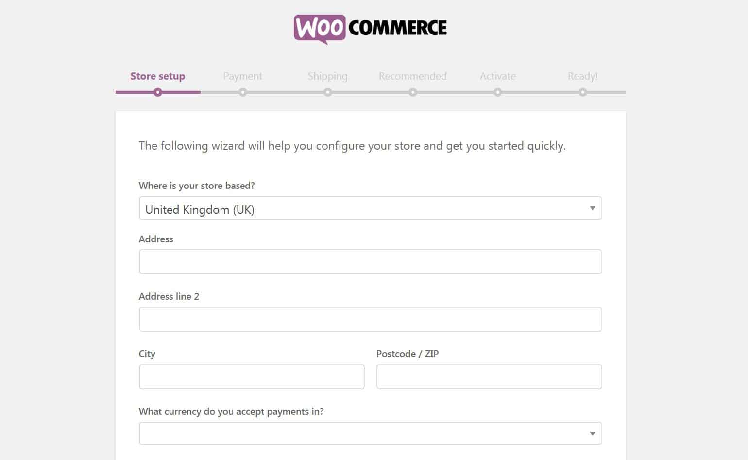 WooCommerce wizard