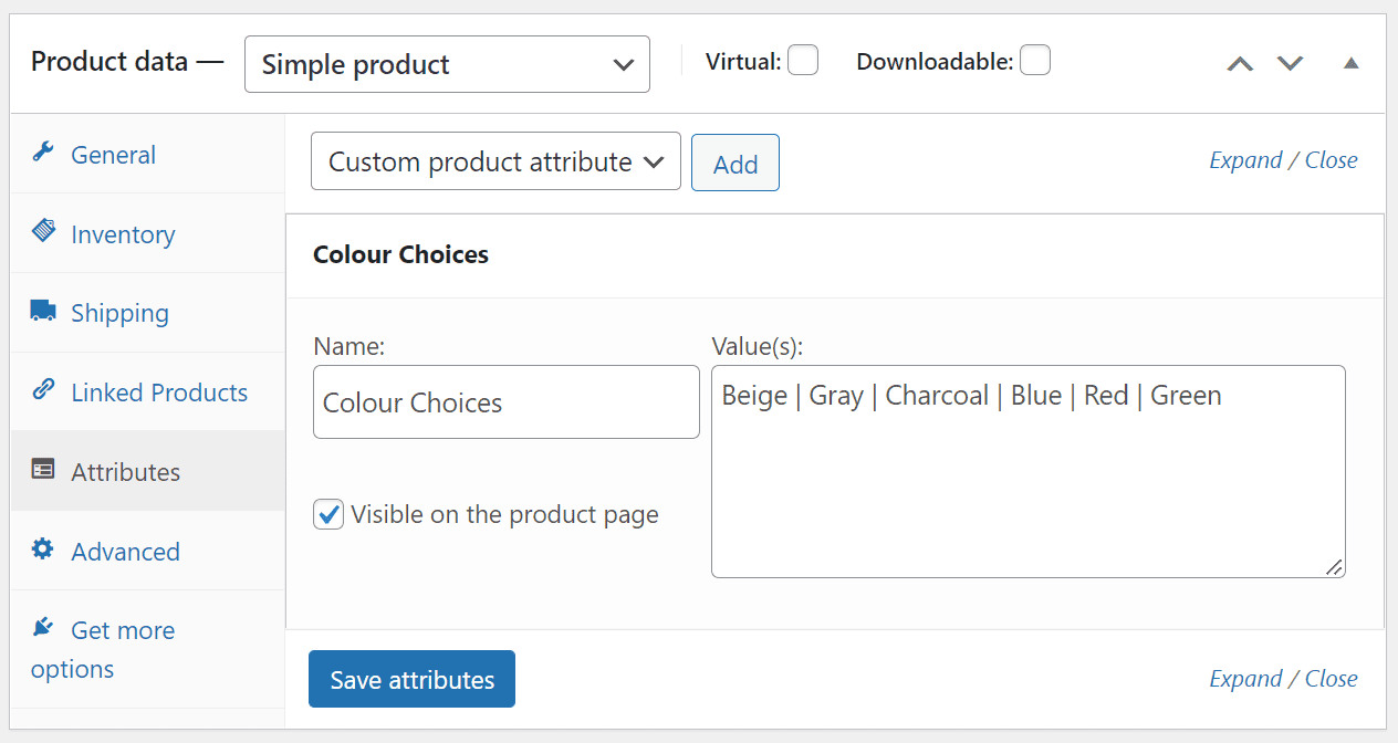 Attributes tab in WooCommerce