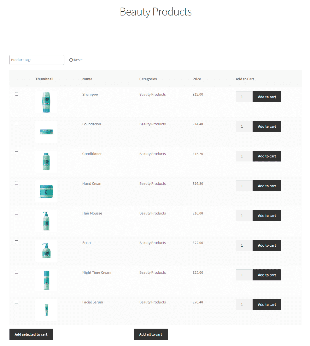 List products in a specific product category