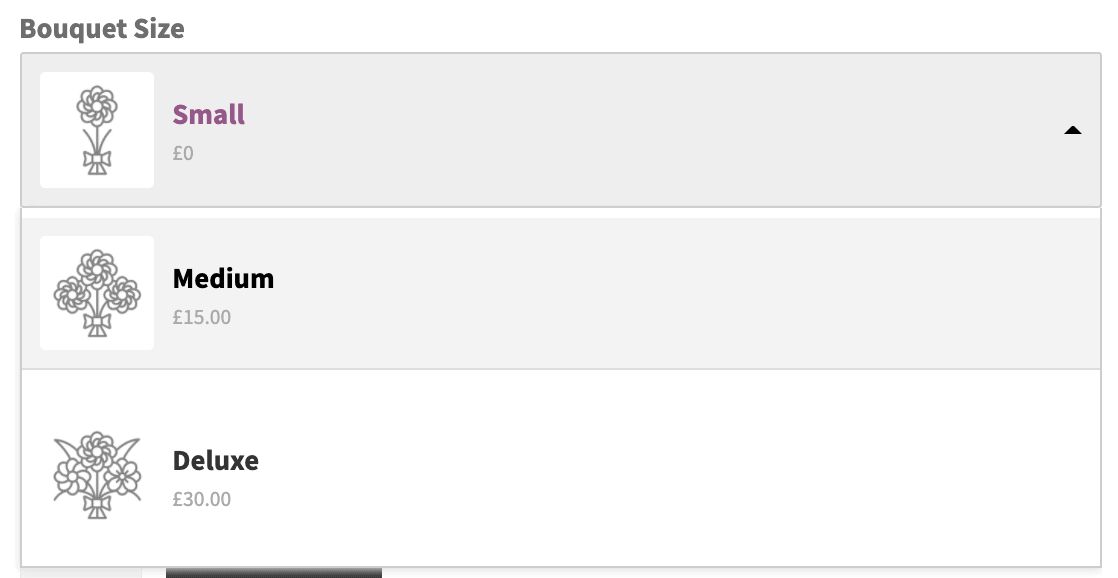 Bouquet size select box add-on