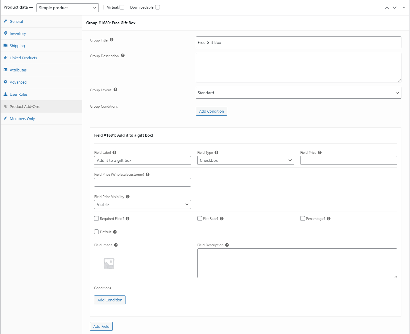 Checkbox product page settings