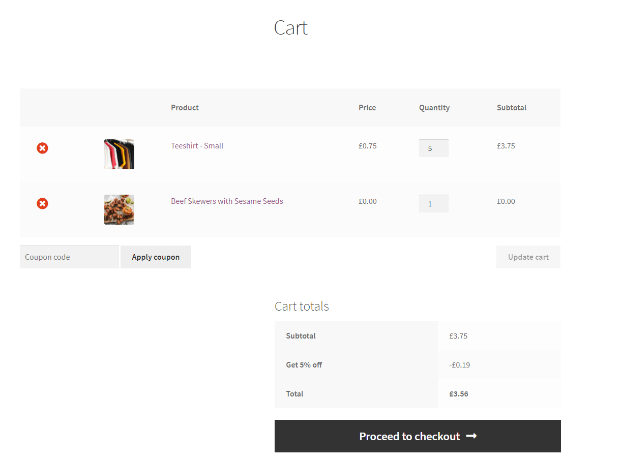 The front end of WooCommerce showing a discount on the order total.