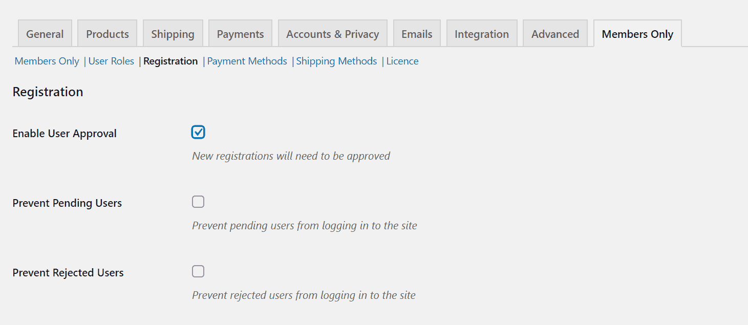 Enabling user approval for registrations within WooCommerce.