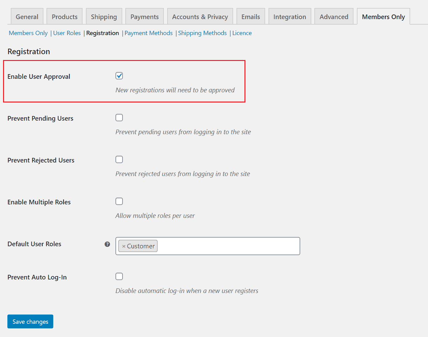 Enable user approval in WooCommerce