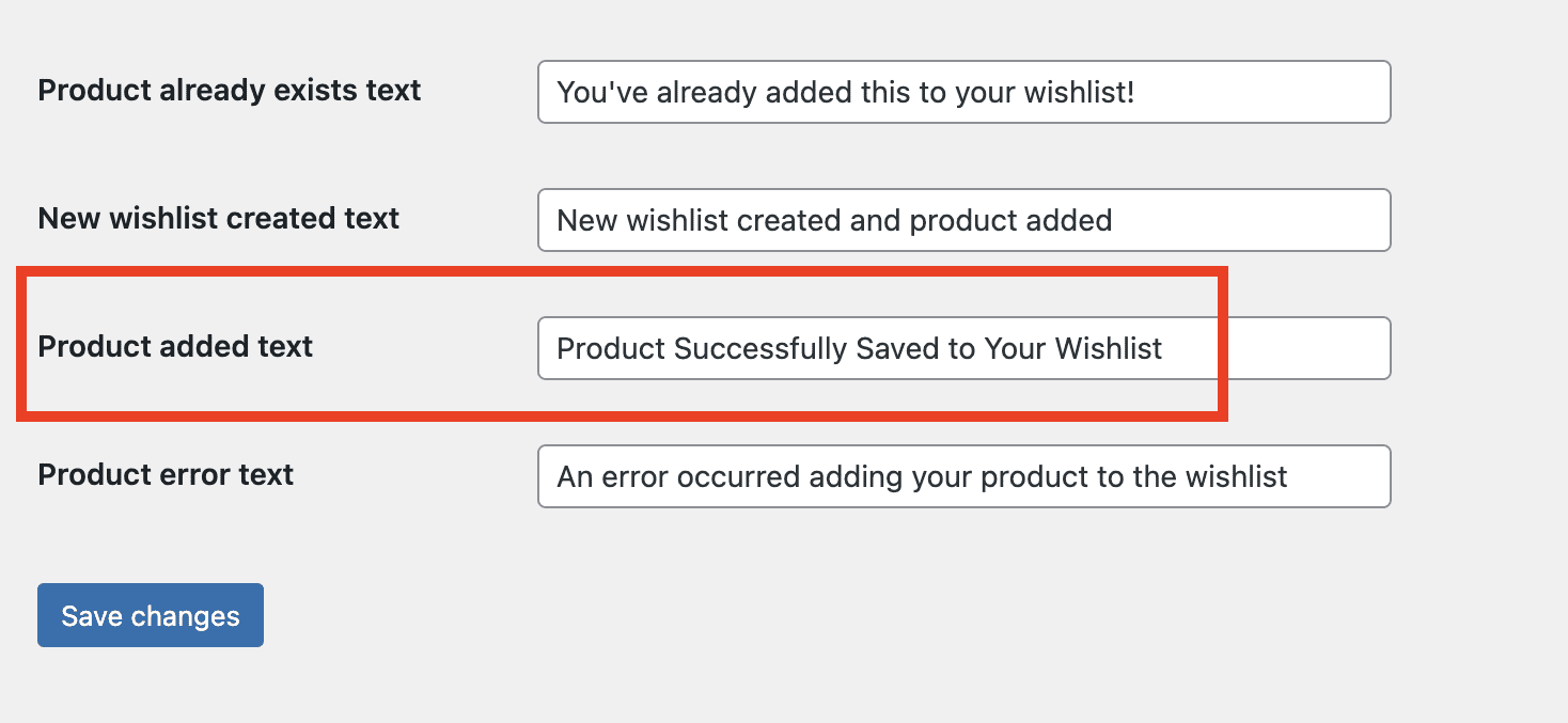 Change text for product saved to wishlist