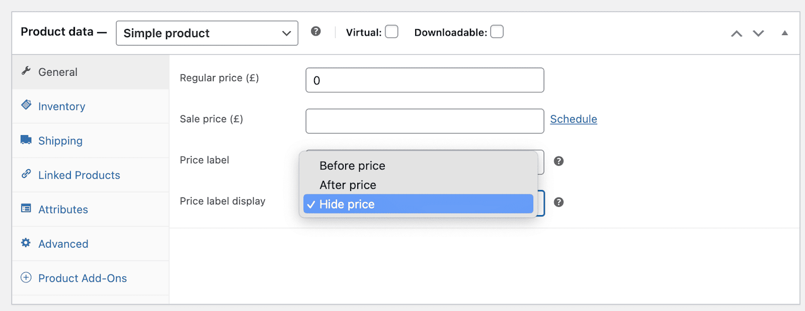 Set the price of the product to $0 and add ‘Hide Price’ as the price label.