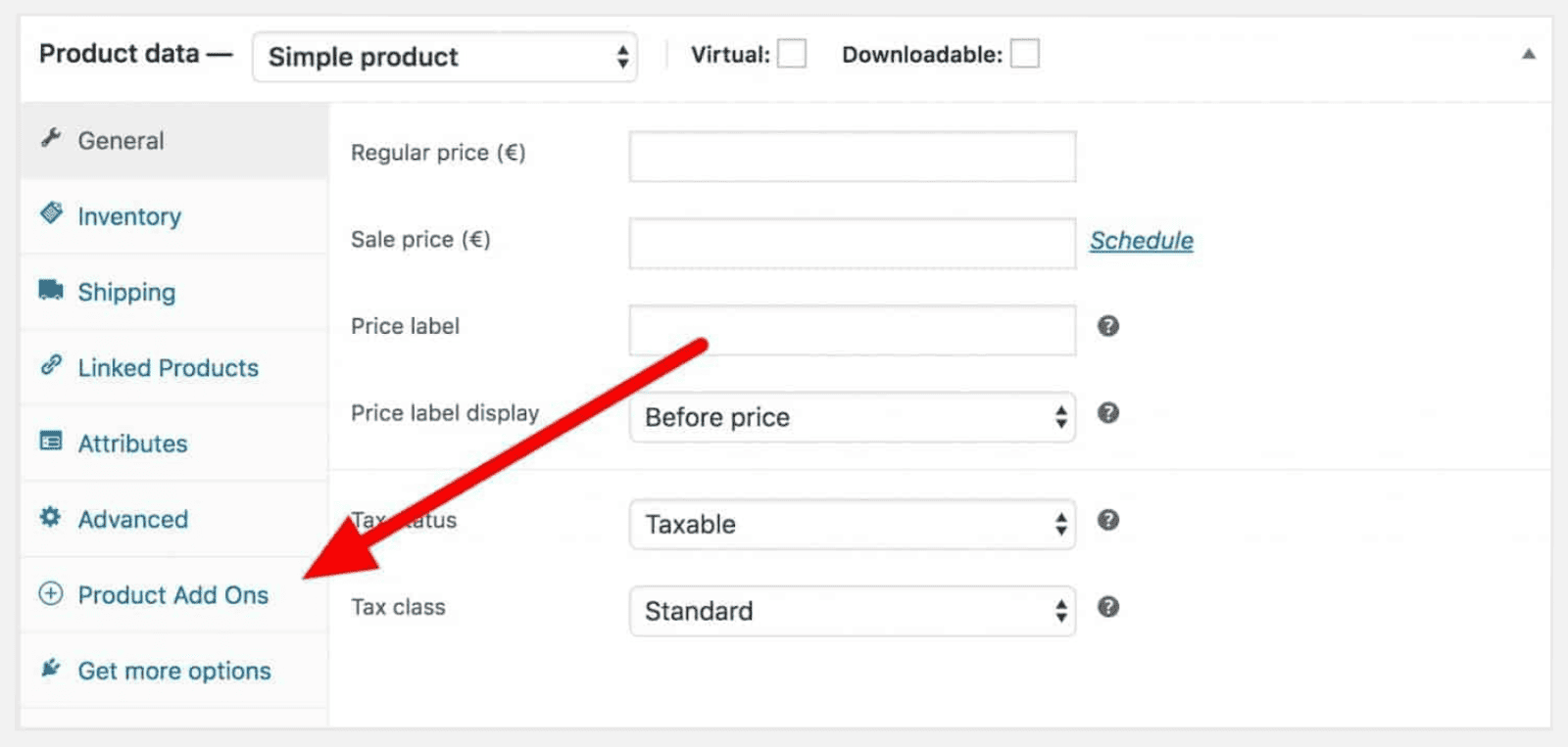 A screenshot demonstrating how to navigate to the Product Add Ons creation tab from the WooCommerce product editor.