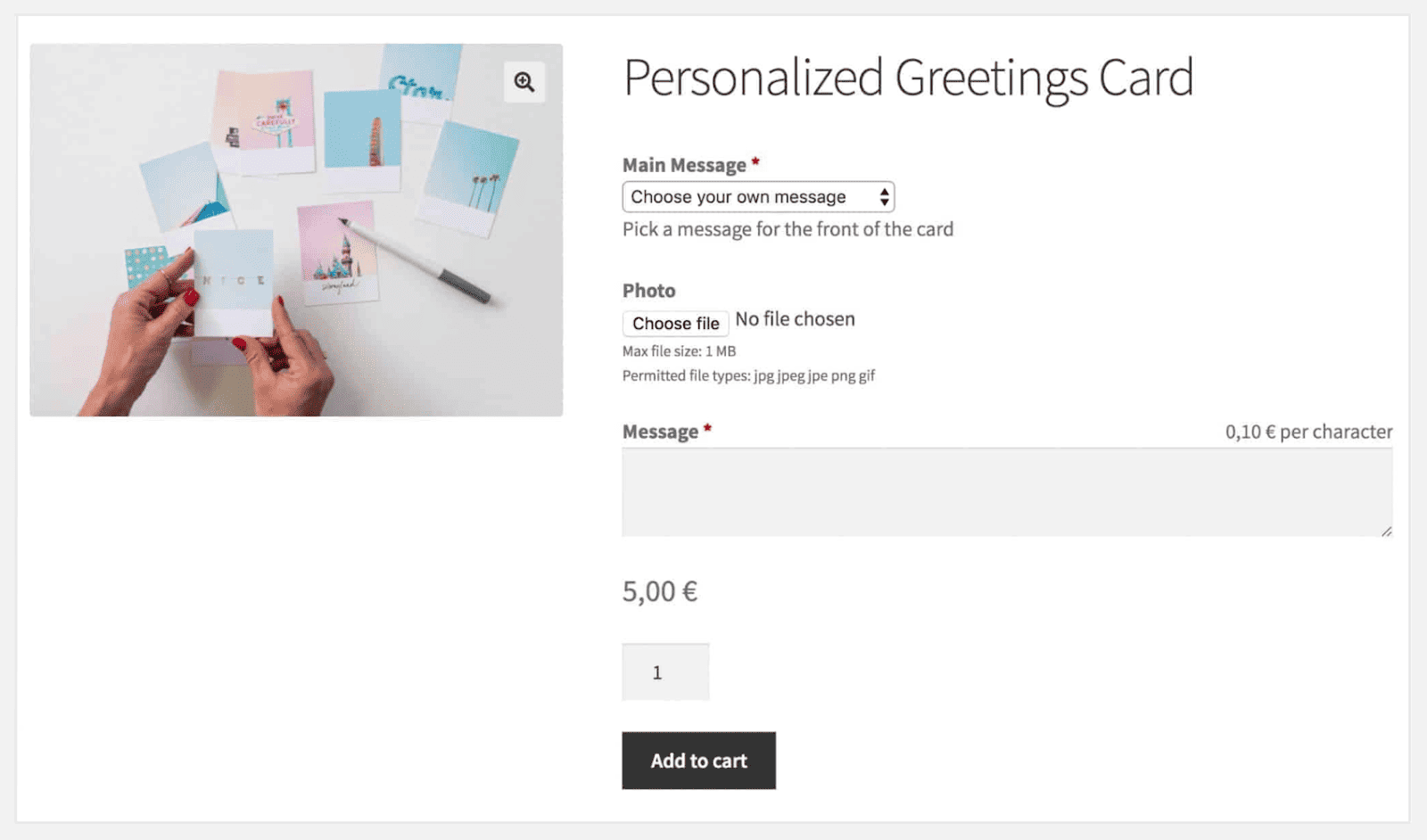 A product listing in an online store inviting the customer to personalize their greeting card by submitting their own text.