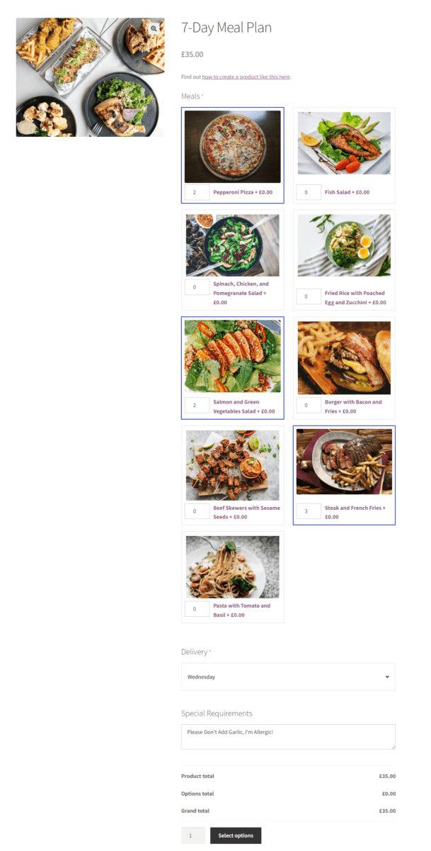 WooCommerce configurable product meal plan