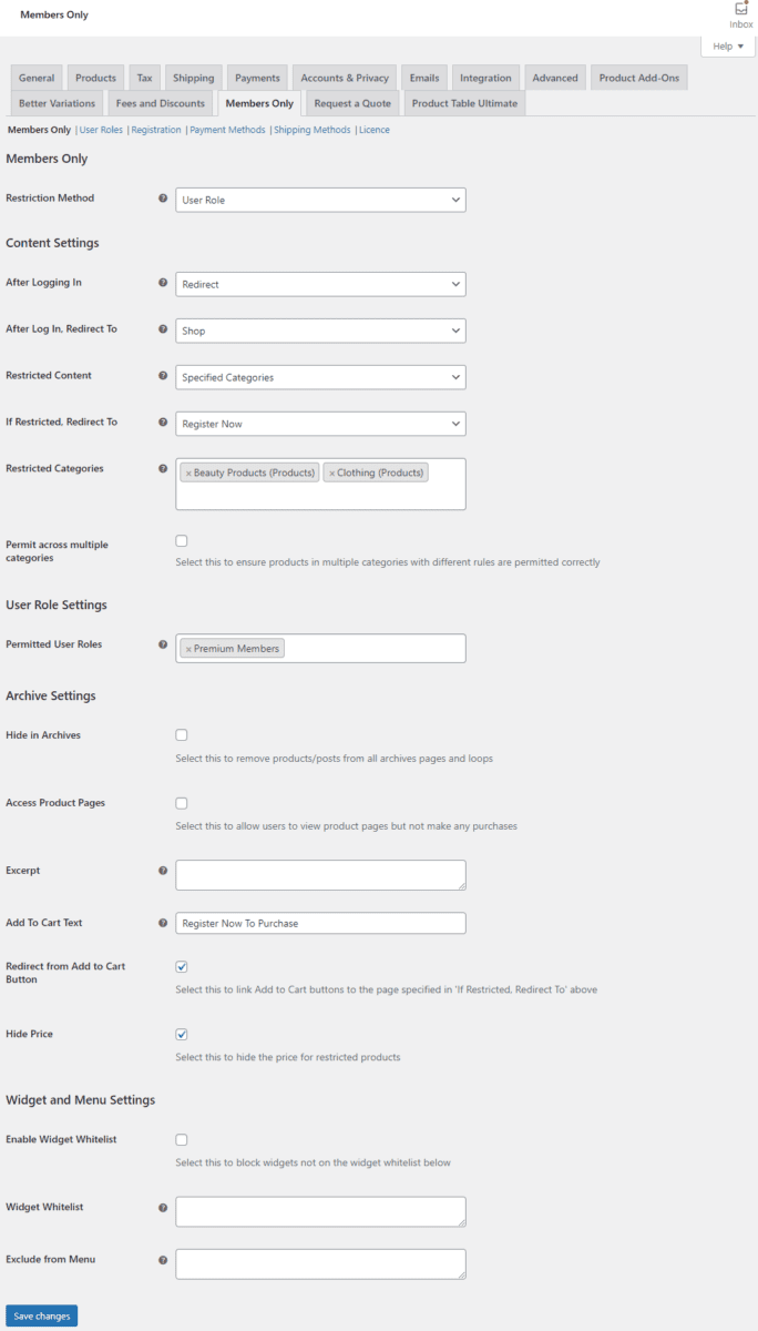 Members Only settings page