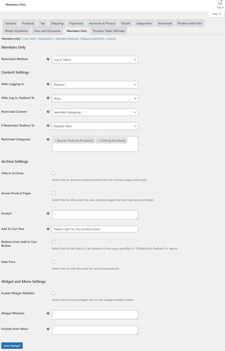 Members Only plugin settings