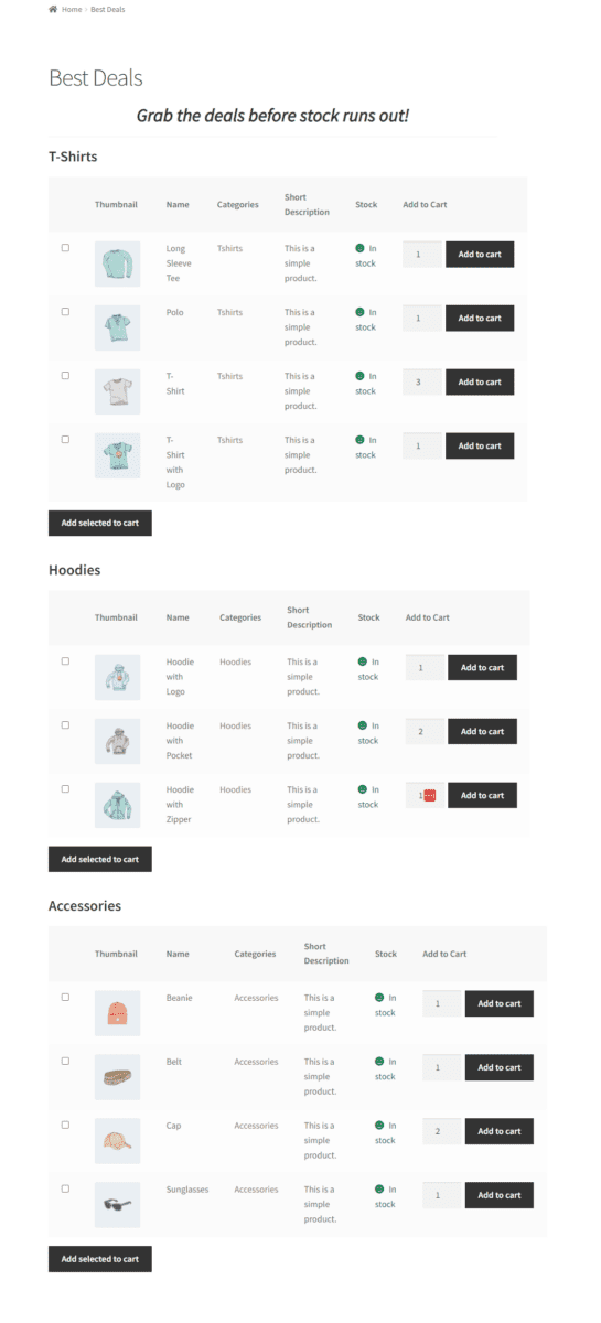 Multiple WooCommerce quick order tables preview